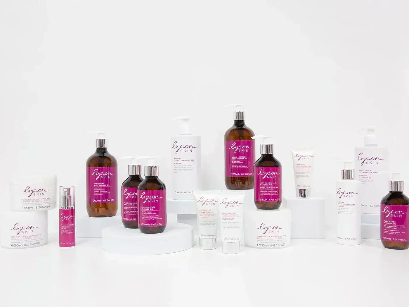 A photo of the LYCON Skin range arranged on white props