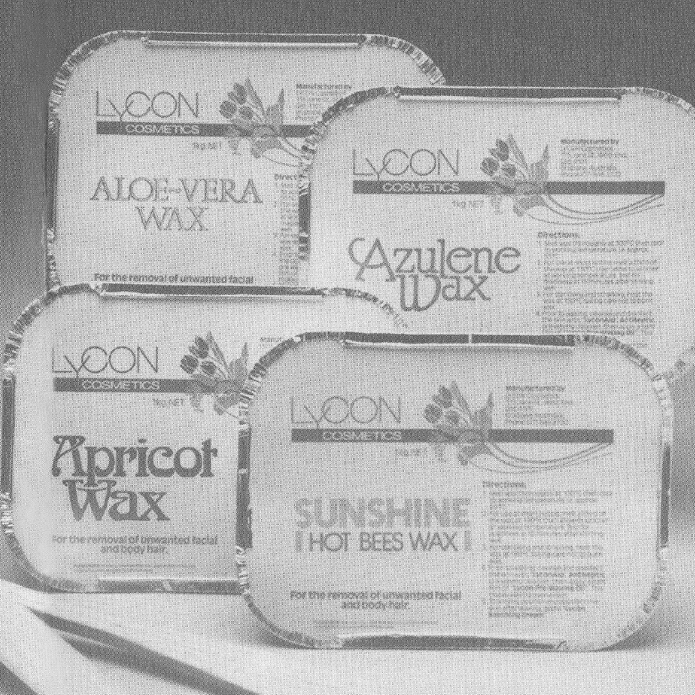Photo of LYCON's original packaging for Aloe Vera, Azulene, Apricot and Sunshine Hot Waxes