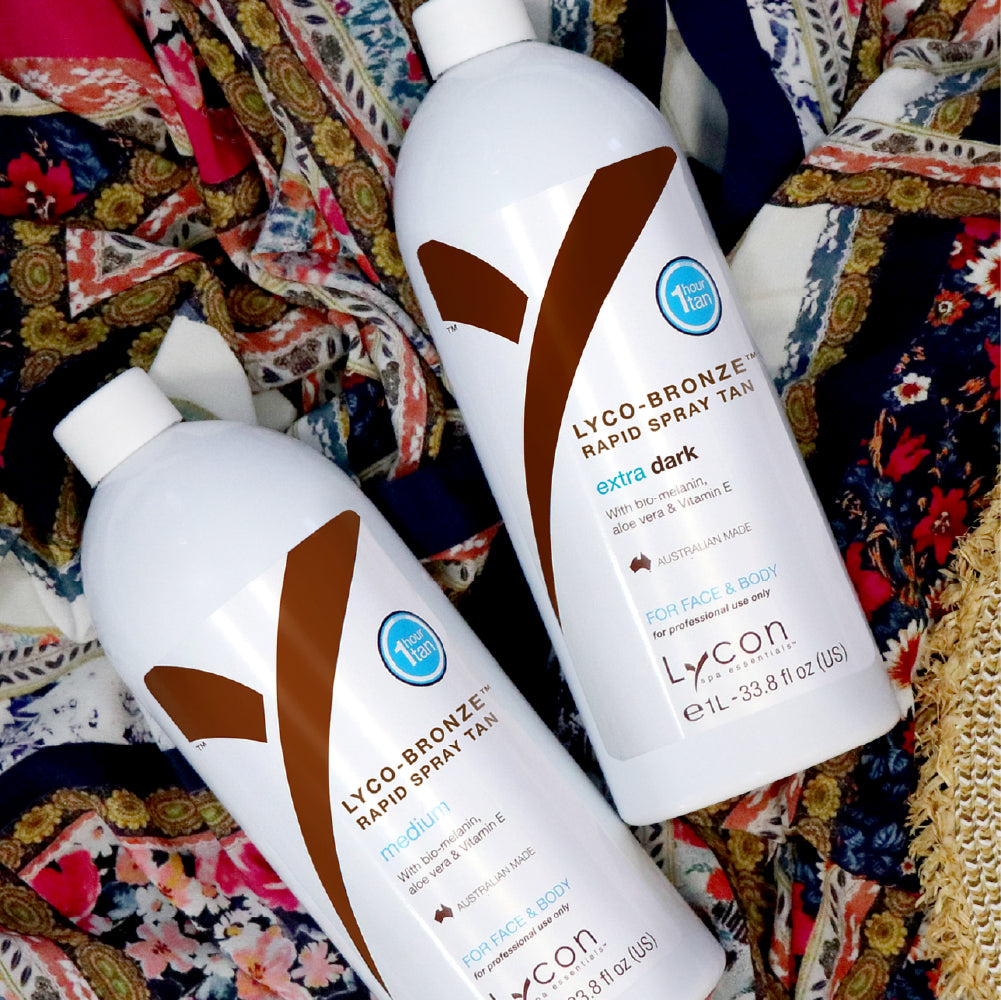 Photo of LYCO-BRONZE Rapid Spray Tan products on fabric background