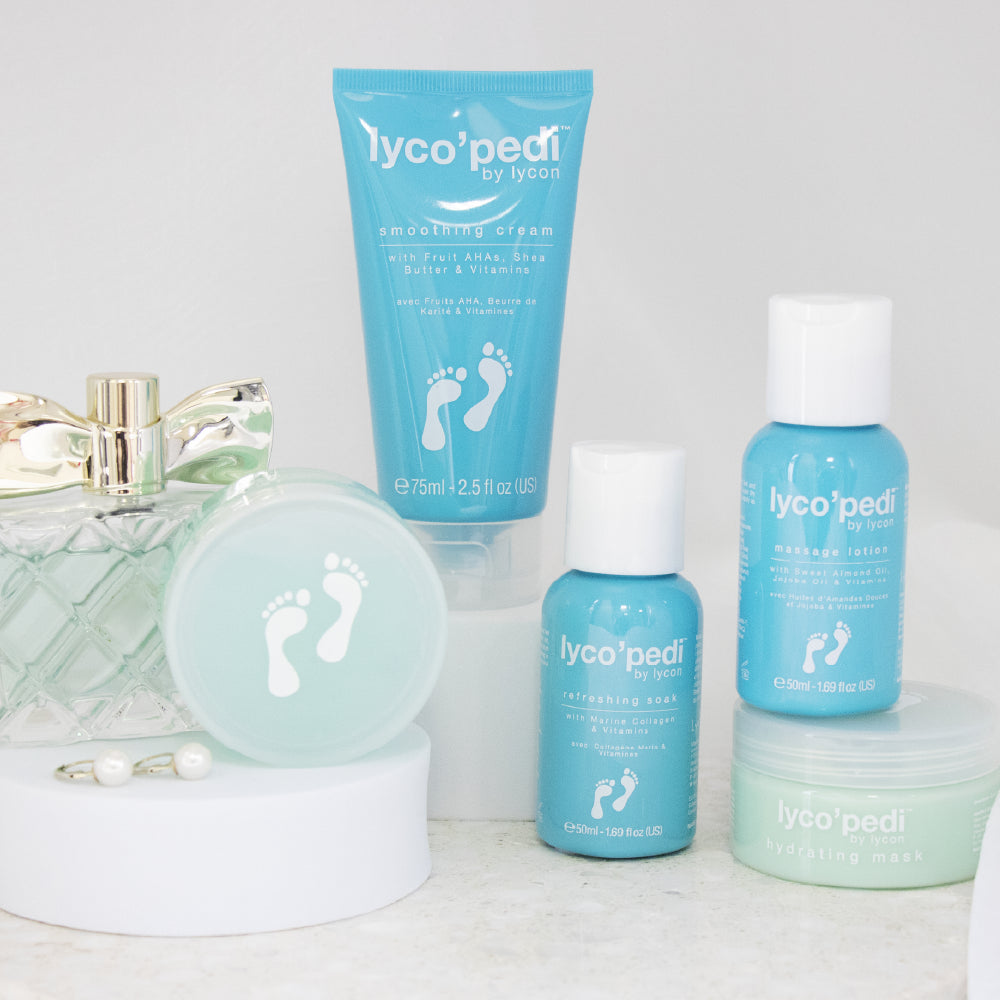 Photo of lyco'pedi pedicure mini products with perfume bottle and earrings