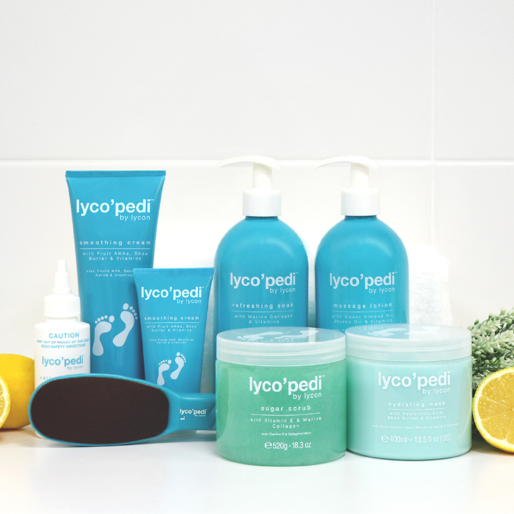 Photo of lyco'pedi range of products arranged with lemons