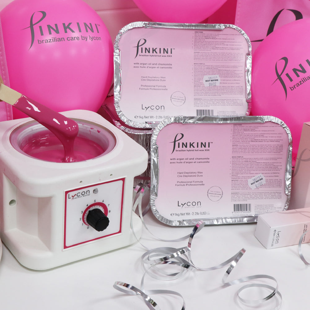 Photo of PINKINI range of products with bright pink balloons.