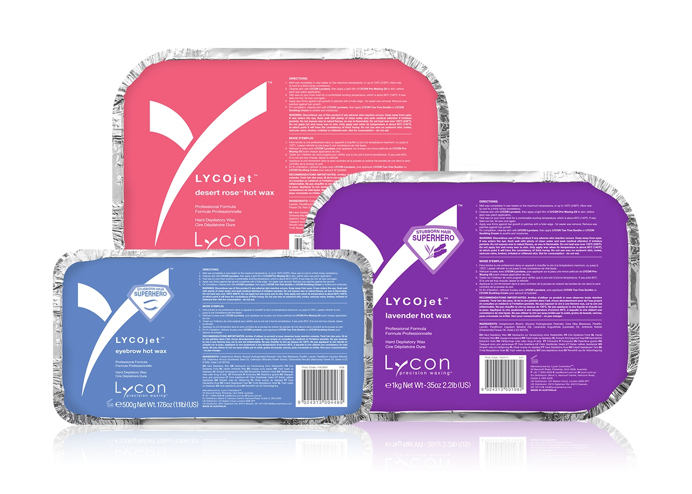 Image of LYCON LYCOjet Desert Rose Hot Wax, LYCOjet Eyebrow Hot Wax and LYCOjet Lavender Hot Wax