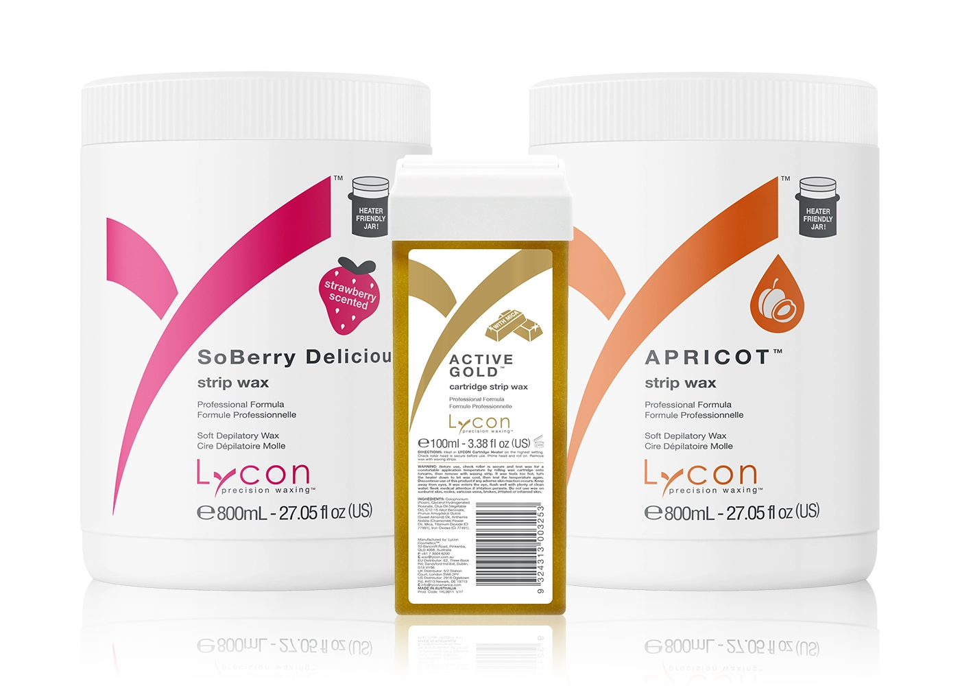 Image of LYCON SoBerry Strip Wax, Apricot Strip Wax and Active Gold Strip Wax Cartridge