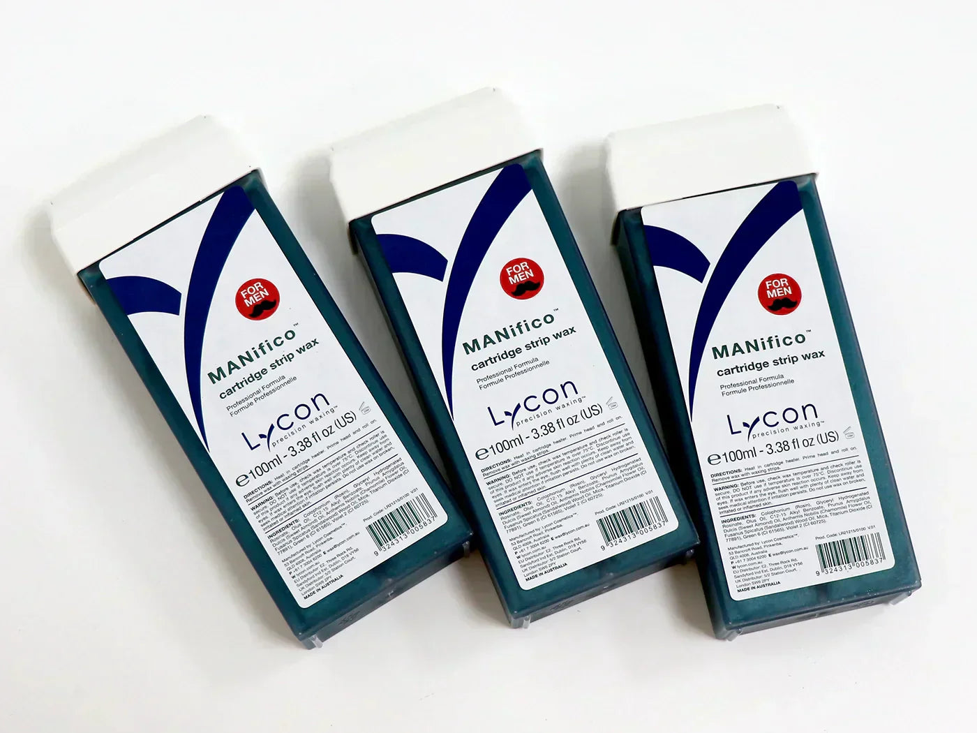 A photo of 3 LYCON MANifico Strip Wax Cartridges sitting side-by-side