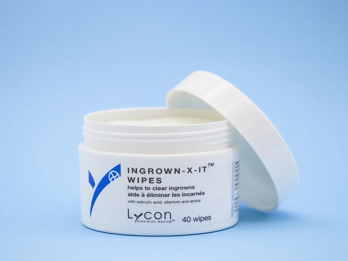 A photo of LYCON ingrown-X-it Wipes with lid of jar open 