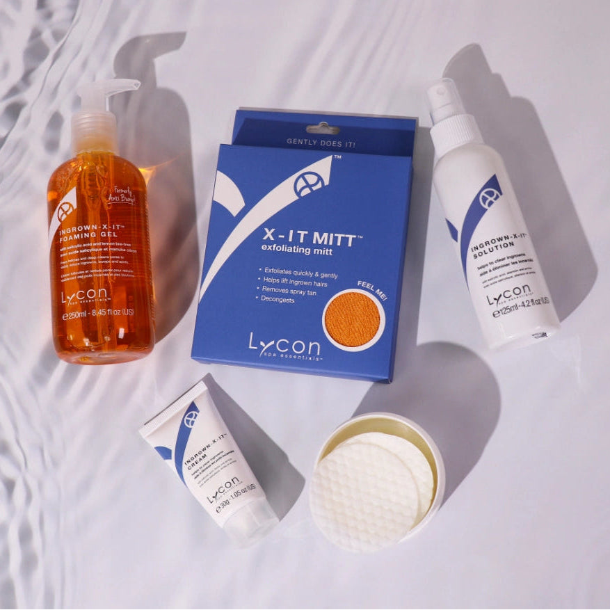 The ingrown-X-it Collection featuring the Foaming Gel, X-it Mitt, Solution, Cream and Wipes.